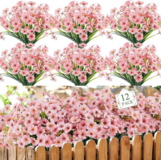 MACTING 12 Bundles Artificial Flowers for Outdoors Fake Flowers UV Resistant Faux Plastic Plants No Fade for Hanging Planters Window Patio Porch Garden Home Indoor Outdoor Spring Decorations,Pink
