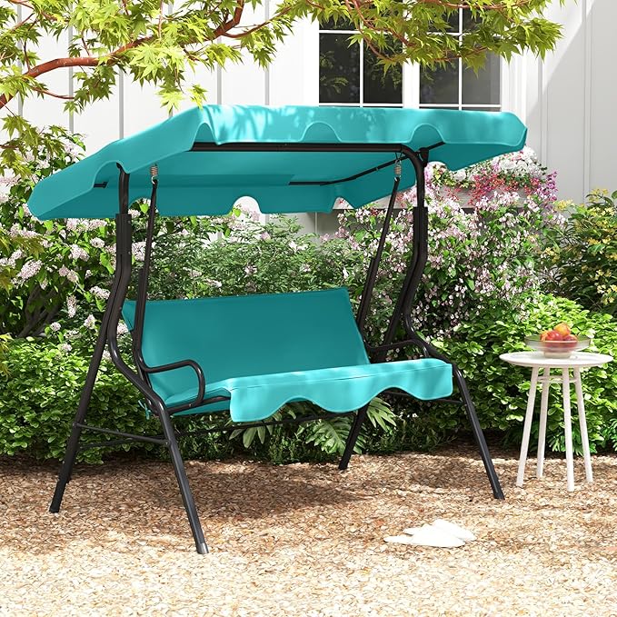 Tangkula 3 Person Porch Swing, Patio with Removable Cushion & Powder-Coated Steel Frame, Outdoor Swing with Canopy for Porch, Backyard, Garden, Balcony (Turquoise)