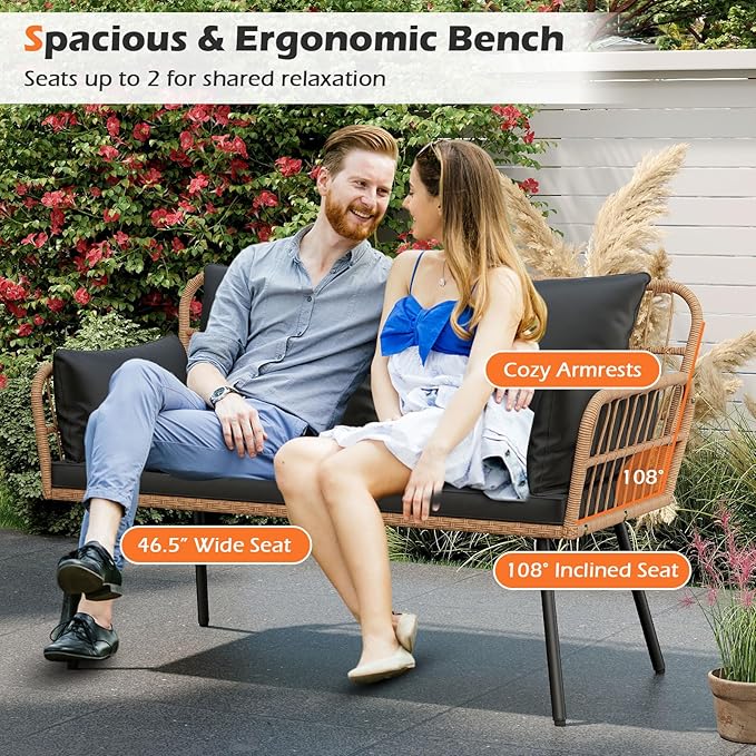 Tangkula Patio Wicker Loveseat, Outdoor Rattan 2-Seat Cushioned Sofa with Heavy Duty Metal Frame, for Backyard,Porch,Poolside (Black)