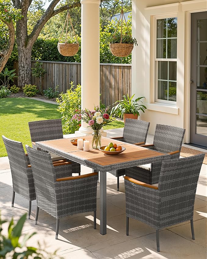 Flamaker 7 Piece Patio Dining Set Outdoor Acacia Wood Table and Chairs with Soft Cushions Wicker Patio Furniture for Deck, Backyard, Garden (Grey)