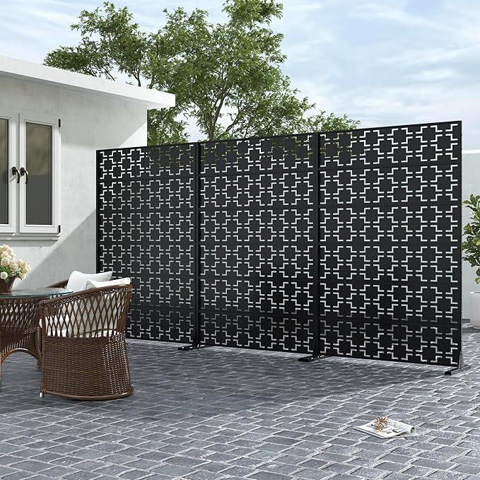 Casaphoria Metal Privacy Screen Outdoor, 72" H x 47" W Freestanding Decorative Privacy Screen for Patio Deck Balcony Garden with Stable Base, Black-Square
