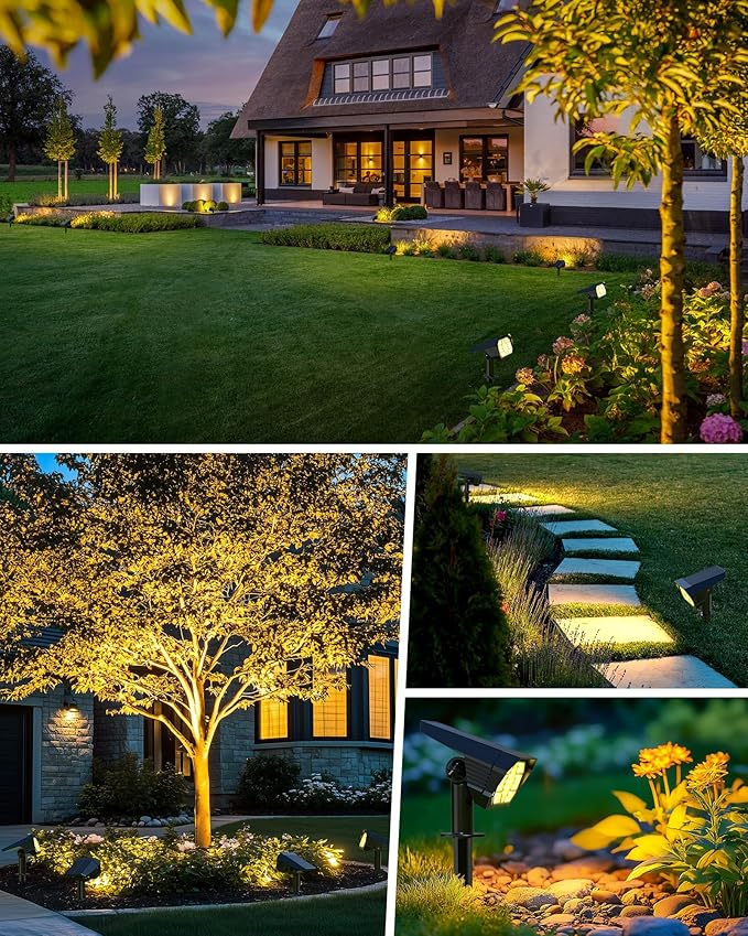 Brightown Solar Lights Outdoor with 58 LED & Auto ON/Off, IP67 Solar Spot Lights Outdoor with 3 Light Intensities. 2-in-1 Outdoor Solar Lights for Yard, Gardens, Flag and Pathways. 4Pcs (Warm White)