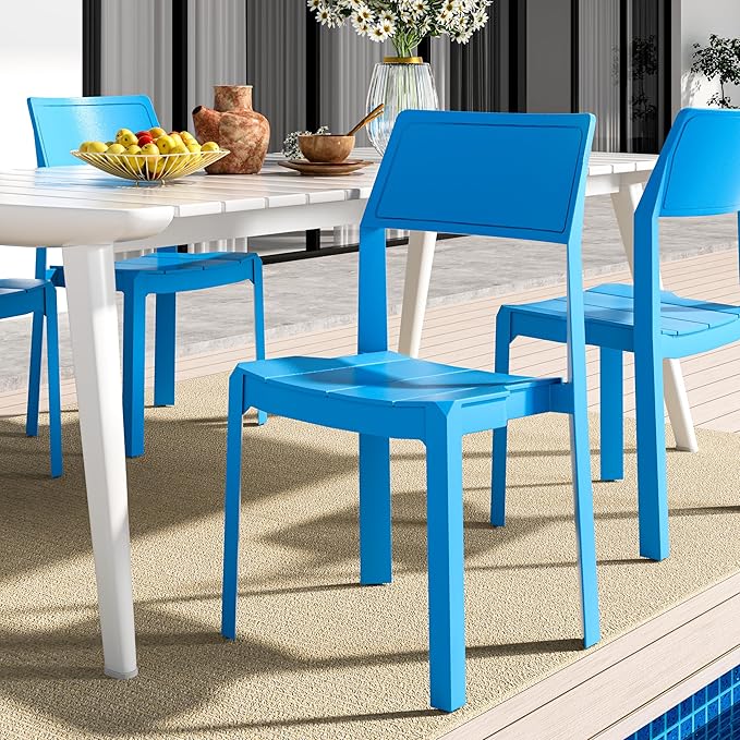 VECELO 4 Pack Stackable Dining Chairs, Plastic Patio Chairs for Indoor Outdoor Use in Kitchen, Poolside, No Assembly, Matte Blue