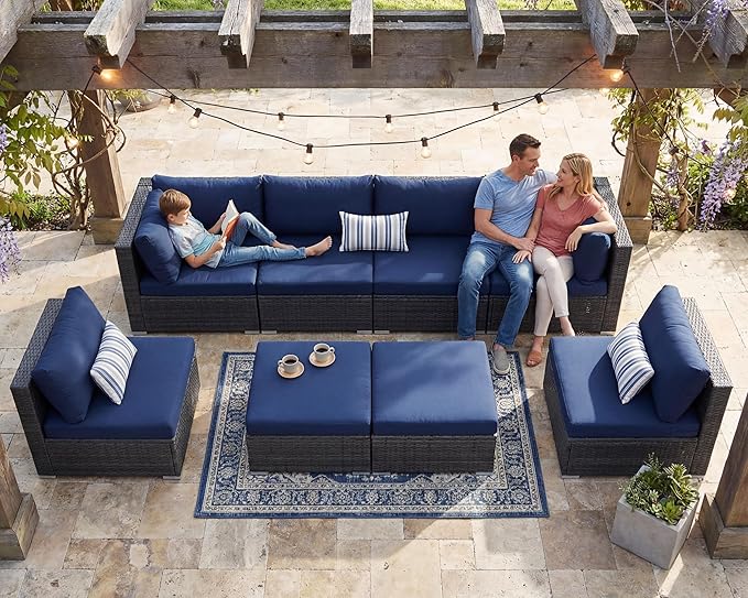 NICESOUL Outdoor Sofa Set of 8, Deep Seating Extra Large Patio Conversation Set, 29.3'' High Back Modern Luxury Wicker Modular Sectional for Backyard Lawn Deck Garden, 2 Color Cushions Navy & Gray