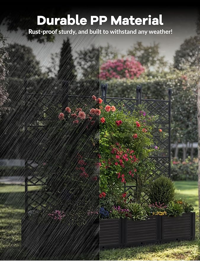 4 PCS Raised Garden Bed with Trellis, 65" LX16 WX63 H Plastic Planter Box for Climbing Plants, Outdoor Vertical Garden with Privacy Screen for Patio, Balcony, Backyard – Sturdy & Lightweight