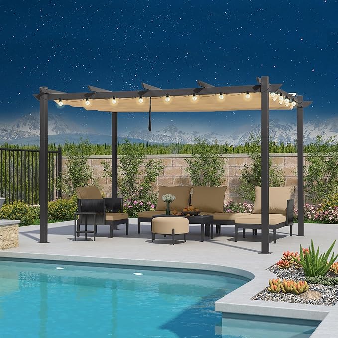 PURPLE LEAF 10' x 13' Aluminum Outdoor Pergola Modern Grape Trellis Retractable Pergola with Double Sun Shade Canopy Metal Pergola with Light for Patios Backyard Deck Garden, Khaki