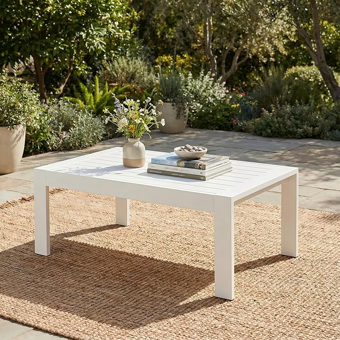 Solaste Aluminum Outdoor Coffee Table, All-Weather Rectangle Metal Patio Coffee Table Furniture for Balcony, Garden, Indoor or Outdoor Use, White