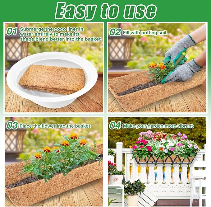 Y&M 2Pcs 24" Trough Coco Fiber Replacement Liner, Pre-Formed Window Deck Coco Liner, Natural Coconut Planter for Wall Hanging Basket, Window Box, Fence, Railing