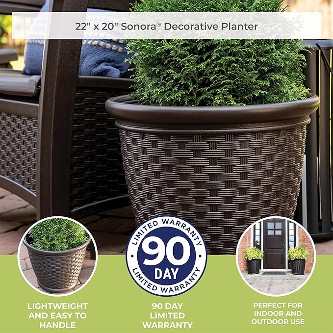 Suncast Sonora 22 Inch Plastic Wicker Indoor or Outdoor Decorative Garden Flower Planter for Entryways, Porch, and Backyard Patios, Dark Brown