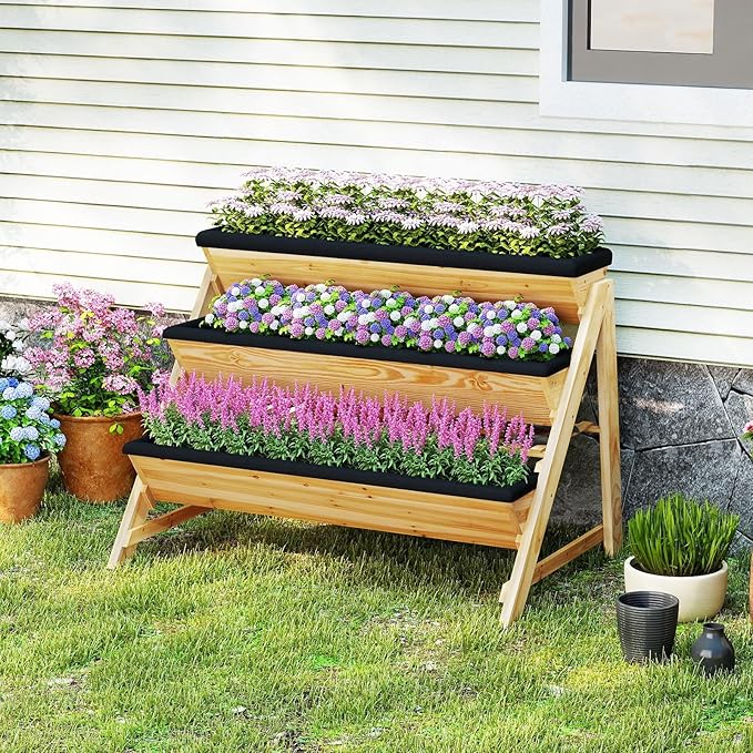 Giantex 3-Tier Vertical Raised Garden Bed, Wood Elevated Planter Box with Legs, Storage Shelf, Liners for Growing Vegetables Herbs Flowers, Indoor Outdoor Freestanding Raised Bed for Patio (Natural)