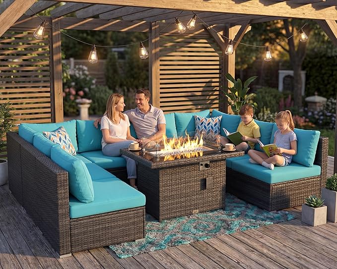 NICESOUL Extra Large 9 Piece Patio Furniture Set with Fire Pit Table Natural Gas & Propane, 29.3'' High Back Rattan Outdoor Conversations, 8 Seater Modular Sofa Set, 2 Color Cushions Turquoise & Gray