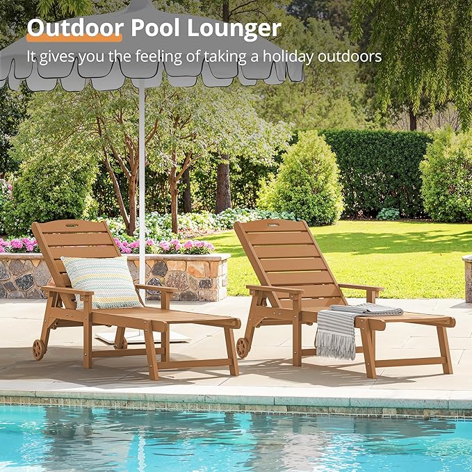 LUE BONA Chaise Lounge Chairs Set with Table, 3-Piece, 79'' Oversized HDPS Chaise Lounger, 5 Positions Adjustable Lounge Chairs, Pool Lounge Chair with Wheels for Poolside, 3 Year Warranty, Teak Color