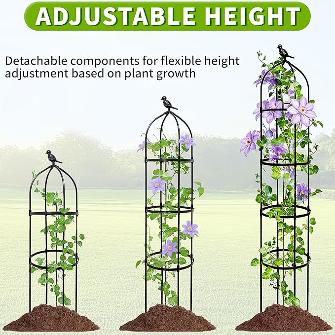 6FT Garden Obelisk Trellis for Climbing Plants,Adjustable 4-Tier Metal Plant Support,Rustproof Outdoor Plant Tower with 3 Decorative Tops for Roses,Tomatoes,Clematis & Vines,Black