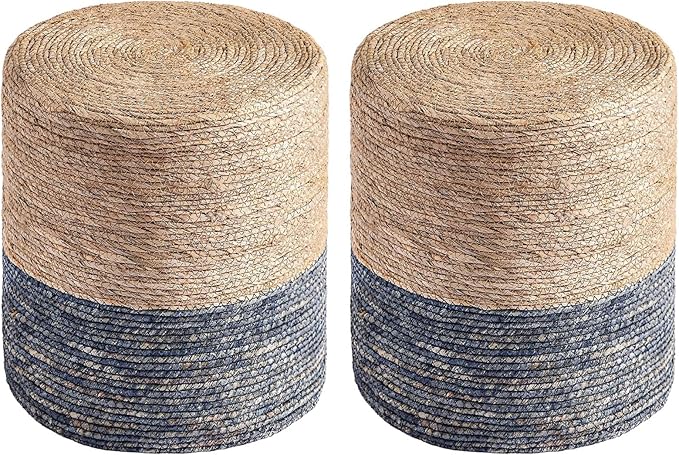 Wimarsbon Round Pouf Ottomans, Handwoven Natural Water Hyacinth Seagrass Pouffe,Outdoor Rattan Stool Accent Seat, Bohemian Coastal Home Decor (2pcs 14inch Natural Cattail-Blue)