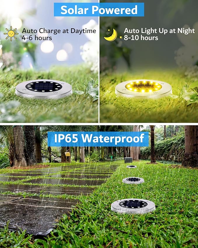 Biling Solar Ground Lights Outdoor 8 Packs, Flat Bright 12 LEDs Solar Lights Outdoor Waterproof for Yard Walkway Garden Driveway (Warm White)