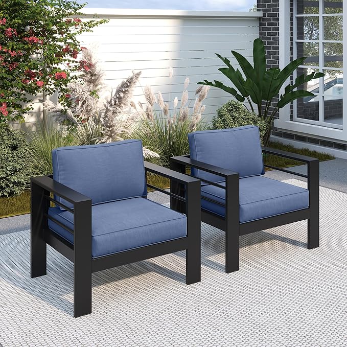Solaste Patio Furniture Metal Armchair, 2 PCS All-Weather Aluminum Garden Outdoor Contemporary Sofa Chair with Cushions, Blue