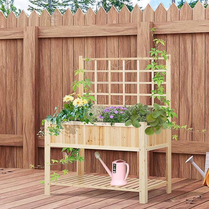 Outsunny 47'' Wooden Raised Garden Bed with Trellis, Coutryside Style Elevated Planter Box Stand with Open Storage Shelf, Spacious Planting Area for Vegetables, Herbs, Flowers