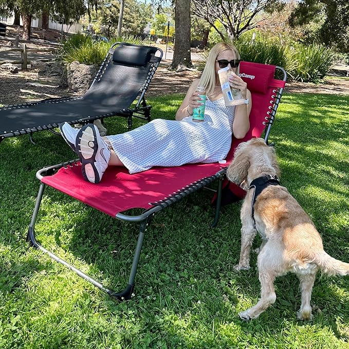 KingCamp 2 Pack Lounge Chair Outdoor, Folding Portable Tanning Chairs Comfy Adjustable 5-Position Lay Flat Foldable Chaise Chaser Lounger with Pillow for Outside Beach Patio Sun Bathing Pool, Wine