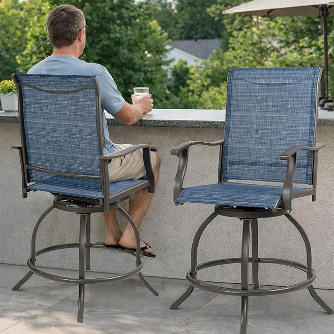 Kozyard Isabella Outdoor Swivel Bar Stools, Counter Height Patio Swivel Chairs with Textilene Seat, High Outdoor Bar Chairs for Backyard, Bistro, and Patio Bars NavyBlue