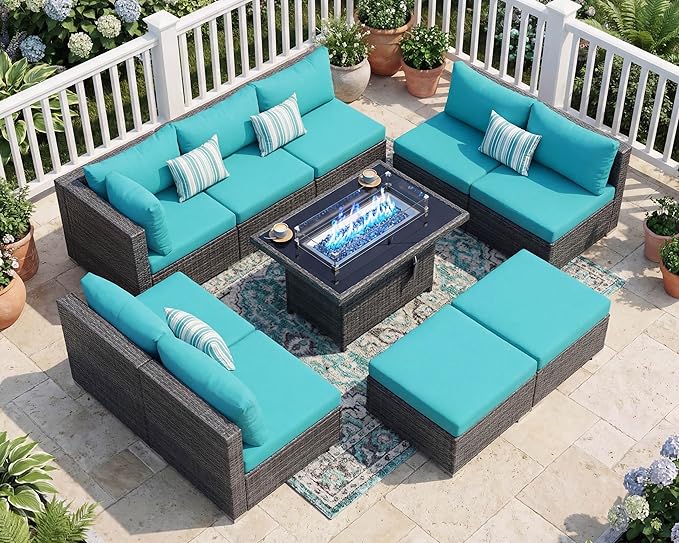 NICESOUL 10 Piece Modern Outdoor Furniture Set with Natural Gas/Propane Fire Pit Table, 29.3'' High-Back Extra Large Patio Sectionals with Firepit, Deep Wide All-Weather Rattan Sofas, Turquoise & Gray