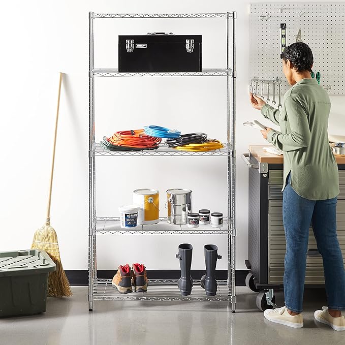 Amazon Basics 5-Shelf Adjustable Heavy Duty Steel Wire Rack, Space Saving Storage Shelving Organizer for Kitchen, Garage, No-Tool Assembly, 350 lbs Weight Capacity, 36" x 14" x 72", Chrome