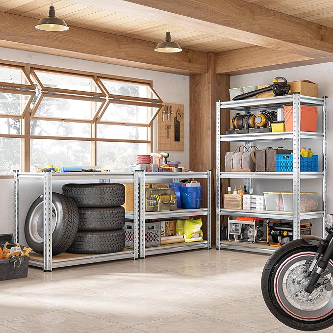 REIBII Garage Shelving, 5 Tier Storage Shelves Load 2400LBS, Adjustable Garage Shelves Heavy Duty, Metal Shelving Unit with Waterproof Columns for Warehouse, 35.5" W x 11.9" D x 72" H, Galvanized