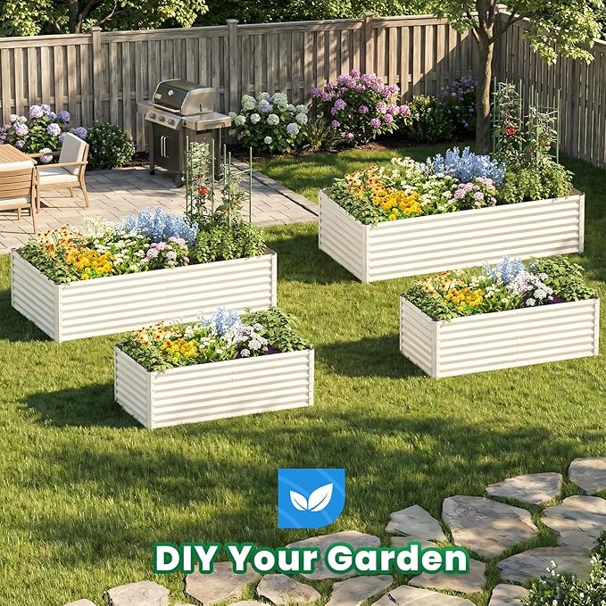 Quictent Galvanized Raised Garden Bed Metal Planter Box Bottomless for Backyard Outdoor, Include 1 pc Tomato Cage, Beige, 6x3x2 Ft