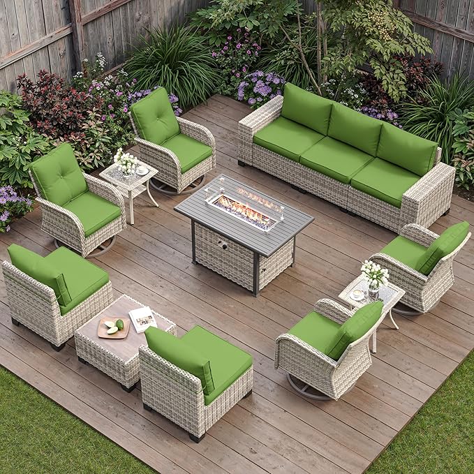 13-Piece Outdoor Patio Furniture Set with Rocking Swivel Chair, PE Wicker Rattan Sectional Sofa Patio Conversation Set with 55,000 BTU Fire Pit Table & Coffee Table, Avocado Green