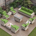 13-Piece Outdoor Patio Furniture Set with Rocking Swivel Chair, PE Wicker Rattan Sectional Sofa Patio Conversation Set with 55,000 BTU Fire Pit Table & Coffee Table, Avocado Green