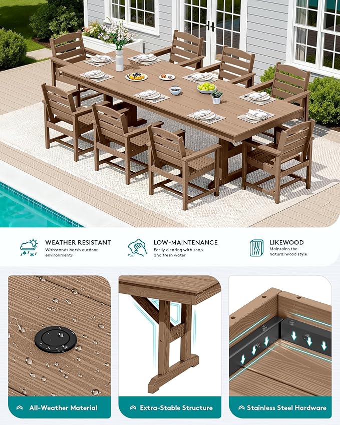 SERWALL 9 Piece Outdoor Dining Set, 84" HDPE Outdoor Table and Chairs for 8，All Weather Patio Furniture Set with Umbrella Hole for Backyard, Garden, Brown