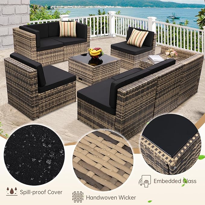 8-Piece Patio Furniture Set, Outdoor Wicker Rattan Sectional with Thick Cushions, Glass Top Table with Hidden Storage, Outdoor Conversation Set for Backyard, Porch, Patio, Black