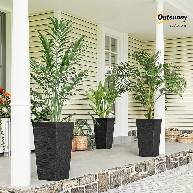 Outsunny 22.8 Inch Tall Planters for Outdoor Plants, Set of 3 Plastic Flower Pots with Stone Finish and Wheels, Stackable Tapered Planters with Drainage Hole for Indoor Plants, Front Porch, Black