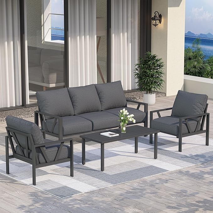 Outdoor Patio Furniture Set, 4 Pieces Metal Patio Furniture Set with Coffee Table, Modern Outdoor Conversation Seating with 6.5" Thick Cushions, Dark Grey