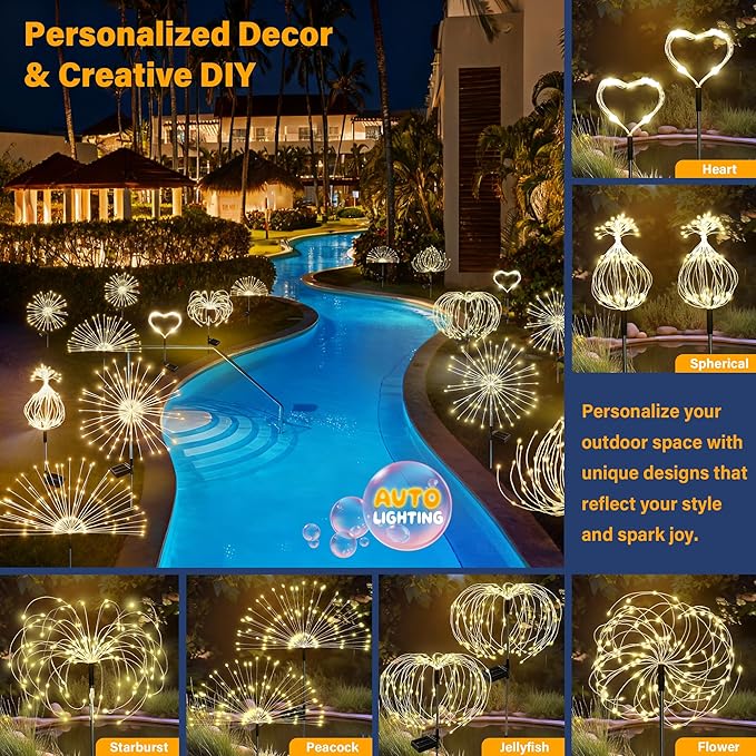 Solar Garden Lights Outdoor Decorative, 2pack 120 LED Firework Lights Waterproof，Solar Fairy Lights for Outside,Garden,Yard, Patio,Pathway,Flowerbed,Party(Warm White)