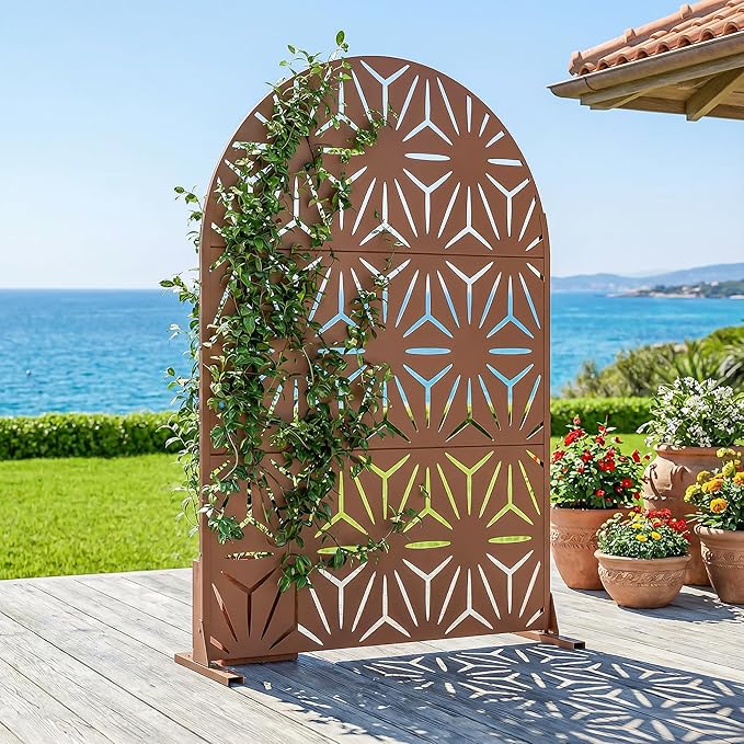 Casaphoria Metal Privacy Screen Outdoor, 72" H x 47" W Arched Freestanding Decorative Privacy Screen for Patio Deck Balcony Garden with Stable Base, Brown-Star