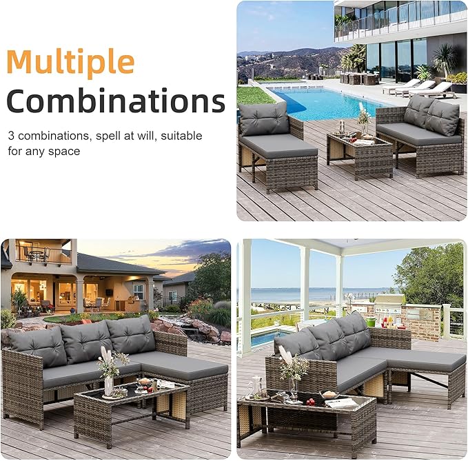 Shintenchi 3-Piece Outdoor Patio Furniture Sets, Wicker Patio Conversation Sets, All Weather Wicker Rattan Patio Seating Sofas with Glass Coffee Table and Cushion, Gray