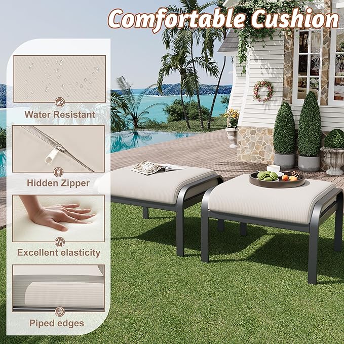 HOMREST Metal Outdoor Ottoman, 2-Piece Aluminum Footstool w/Removable Cushion, Multipurpose Footrest Stool Additional Seating, Set of 2 Outdoor Ottomans for Patio Deck (Beige)