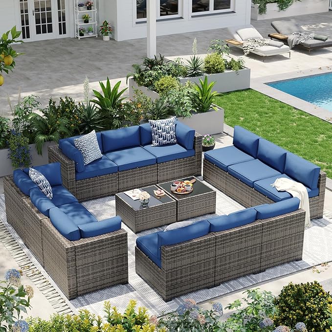 Aoxun Patio Furniture Sets, 14-Piece Outdoor Patio Furniture with 44'' Propane Gas Firepit Table, Wicker Outdoor Conversation Set Sectional Sofa for Backyard, Poolside, Garden