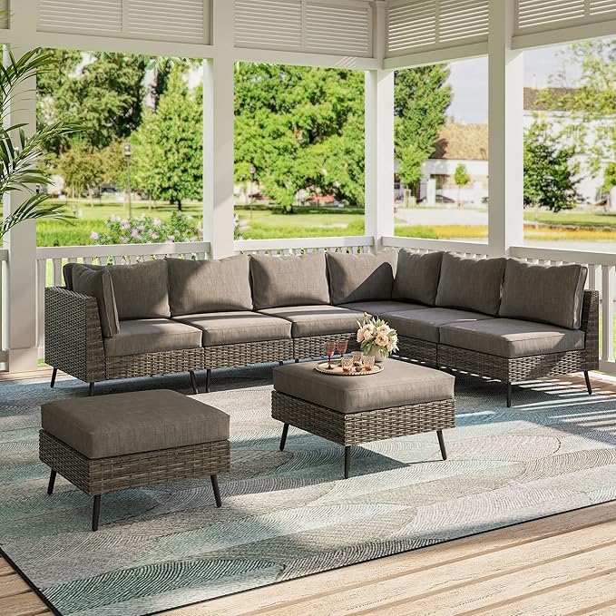 LAUSAINT HOME 8 Piece Outdoor Sectional Sofa PE Rattan Patio Conversation Sets, All Weather Patio Furniture Set with Thick Cushions for Garden, Poolside, Backyard (Grey)
