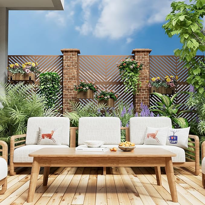 Casaphoria Metal Privacy Screen Outdoor, 72" H x 47" W Freestanding Decorative Privacy Screen for Patio Deck Balcony Garden with Stable Base, Brown-Parallel