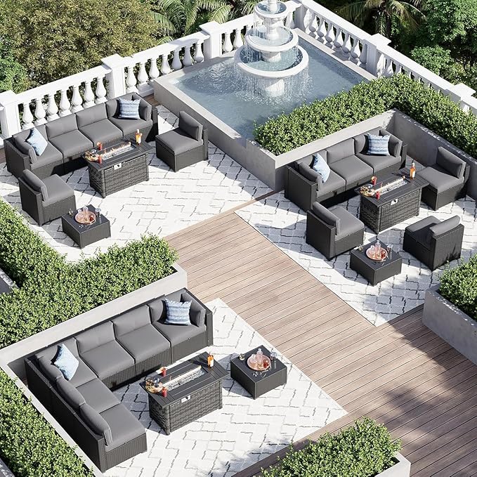 Aoxun 8 Piece Patio Furniture Set with 44” Fire Pit Table, Wicker Rattan Patio Sectional Sofa, Outdoor Furniture Set with Thickened Cushion, Grey