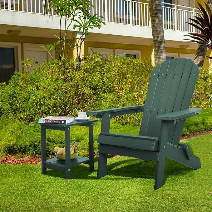 Double Adirondack Side Table Weather Resistant, Outdoor Rectangular End Table for Adirondack Chair, Dark Green