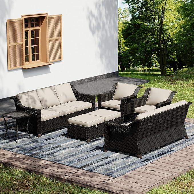Joyside Wicker Patio Furniture Sets, 7 Pieces Upgraded Large Size Outdoor Furniture with Swivel Rocking Patio Chairs, Two 3-Seat Sofa, Outdoor Ottoman, Thick Cushions, Wide Armrest, Beige