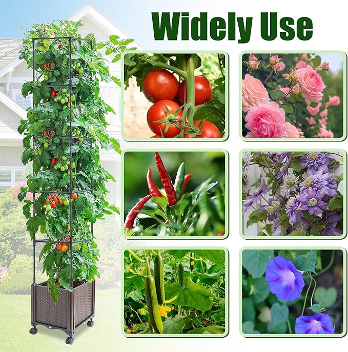 Raised Garden Bed with Tomato Planter Cage,50.4" Self Watering Tomato Planter with Plastic Coating Steel Pipe for Climbing Vine Flowers Outdoor, Tomatoes Cage with Trellis Wheels, 1Pack