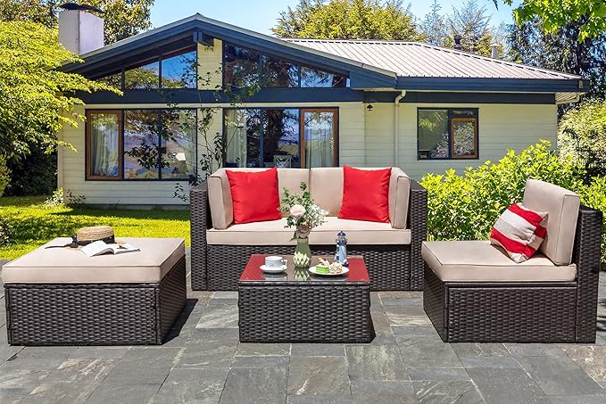 Vongrasig 5 Piece Patio Furniture Sets, All-Weather PE Rattan Wicker Outdoor Sectional Couch, Small Patio Conversation Set with Glass Table for Garden Pool, Beige