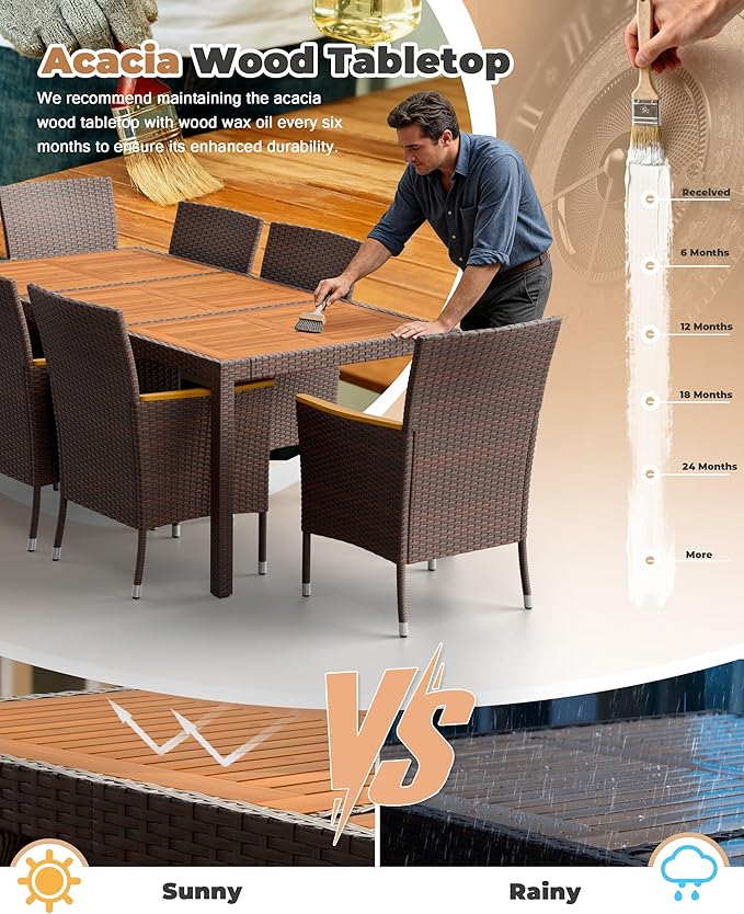 Flamaker 9 Piece Patio Dining Set Outdoor Acacia Wood Table and Chairs with Soft Cushions Wicker Patio Furniture for Deck, Backyard, Garden (Brown)