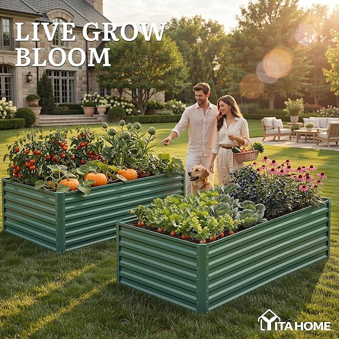 YITAHOME 6x3x2ft Large Raised Garden Bed Kit, Galvanized Metal Planter Box with Gloves, Ground Nails, Support Rod, Outdoor Above Ground Planters for Plants Vegetables Flowers, Green