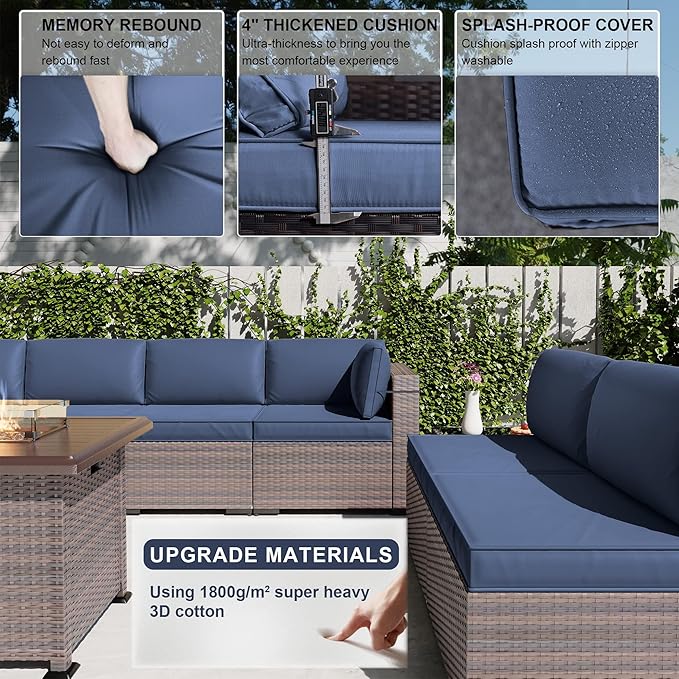 Kullavik 13 Pieces Outdoor Patio Furniture Set,PE Wicker Rattan Sectional Sofa Patio Conversation Sets with 43" 55000BTU Gas Propane Fire Pit Table,Swivel Rocking Chairs Set,Navy Blue