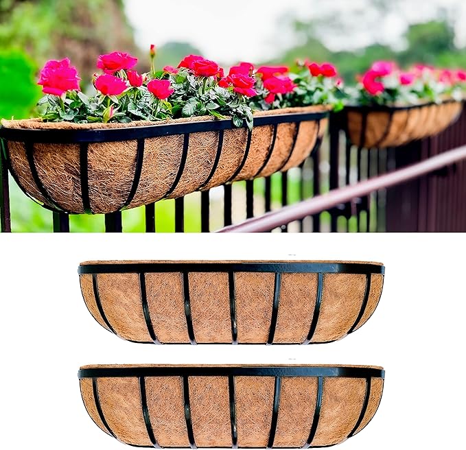 LaLaGreen Deck Railing Planter Boxes for Plants (24 Inch, 2 Pack) Black Metal Wall Planters for Outdoor Plants, Window Flower Box Deck Railings with Coco Liner, Fence Balcony Patio Porch Over Rail