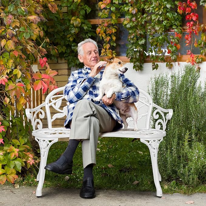VINGLI 38.5" Patio Park Garden Outdoor Metal Rose Bench, 2-Person Cast Iron Cast Aluminium Frame Antique Finish Chair,Accented Lawn Front Porch Path Yard Decor Deck Furniture (White, Rose)